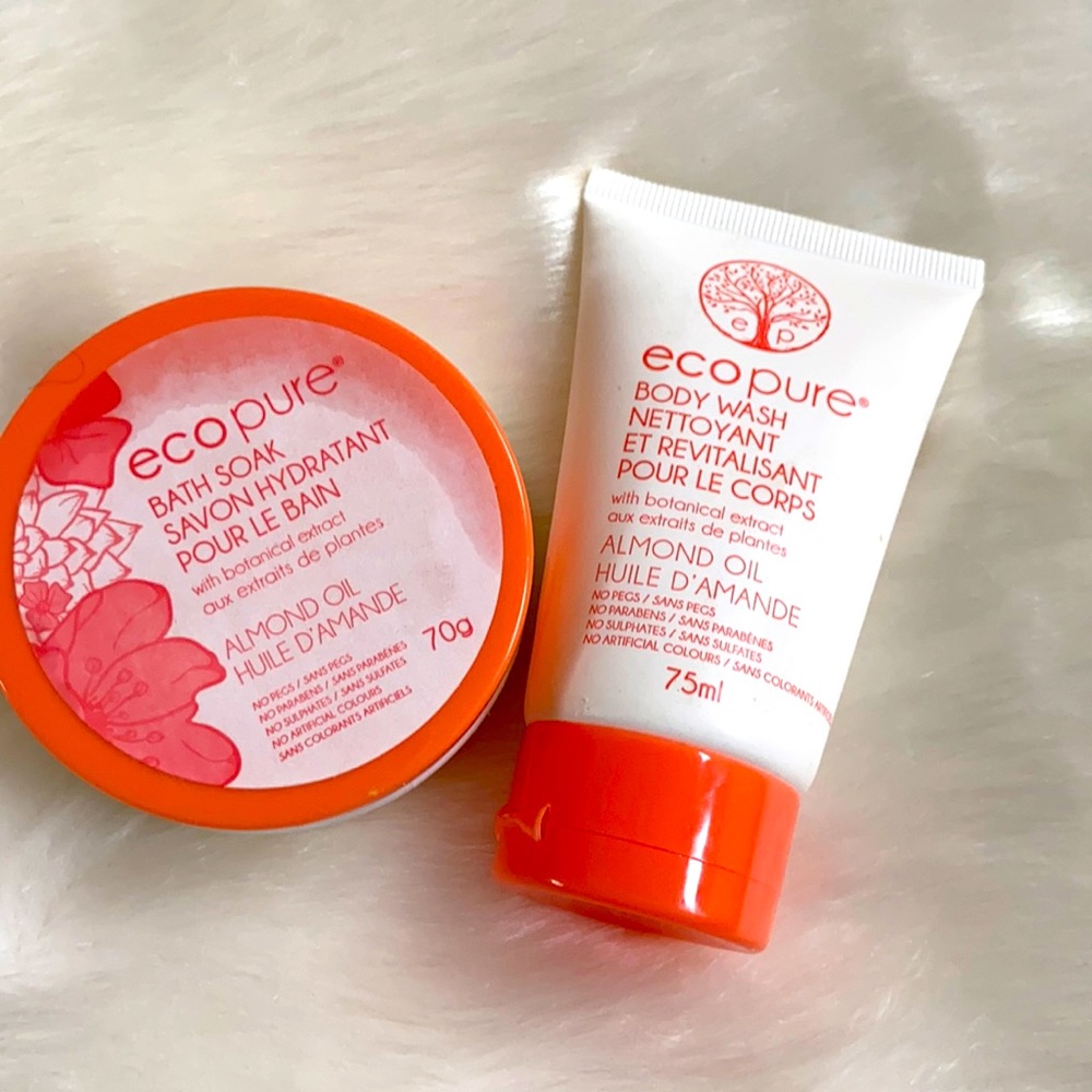 ecopure Almond oil set of body wash and bath soak.